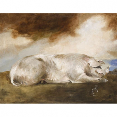 Miguel Macaya.  &quot;El cerdo&quot;. Óleo sobre lienzo. Firmado en el ángulo inferior izquierdo y al dorso en el bastidor.