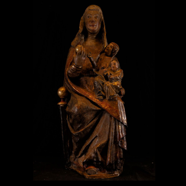 Gran Triple Virgen Tardo Románica transición al Gótico Hispano Flamenco, siglos XIV a principios del XV.   En madera policromada.