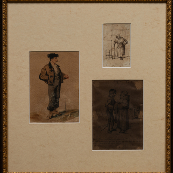 "Un mayoral y Personajes".  FRANCISCO DE PAULA BRINGAS (México, 1827-Bilbao, 1855). Lápices de colores /papel
