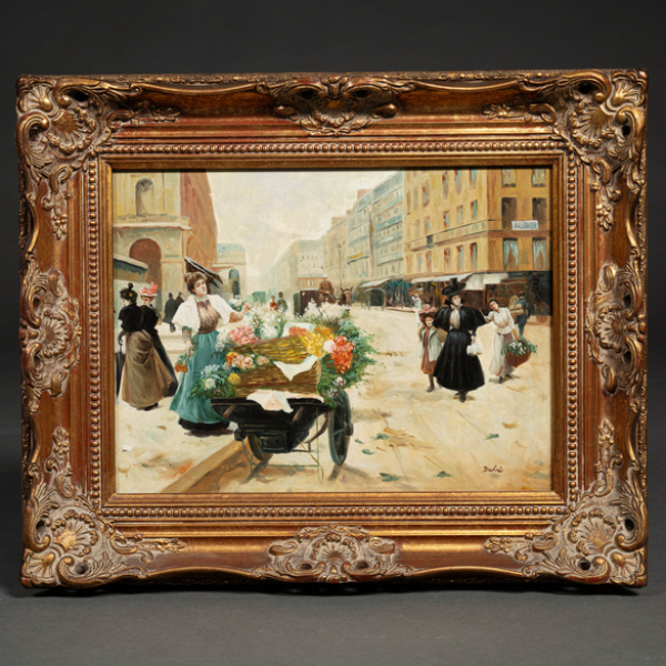 "Vendedora de flores en la avenida de París"  Escuela Francesa del siglo XX