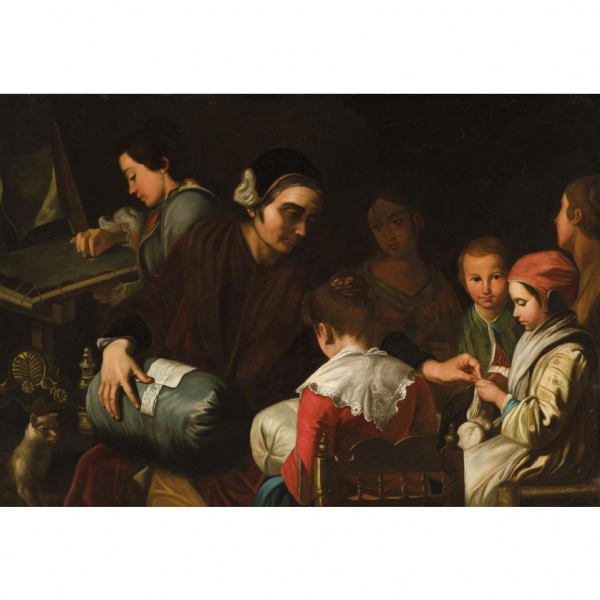 Escuela Europea S. XIX "Escena de familia". Óleo sobre lienzo.