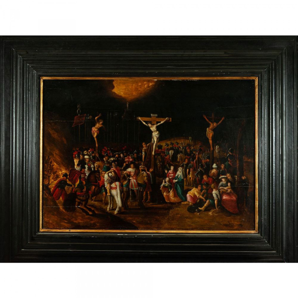 Gran óleo sobre tabla del "Monte Calvario", Círculo de Frans Fracken II (Amberes, 1581 - 1642).