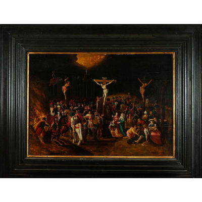 Gran &oacute;leo sobre tabla del "Monte Calvario", C&iacute;rculo de Frans Fracken II (Amberes, 1581 - 1642).