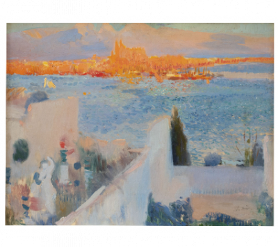 JOAQUIN MIR Y TRINXET (Barcelona, 1873-Villanueva y Geltrú, Barcelona, 1940).  Mallorca, con la catedral al fondo, puesta de sol.   Óleo sobre lienzo. 
