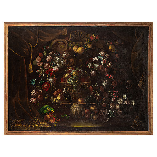 Escuela romana, c.1700.  Bodegón de frutas, flores, mono y aves.  Óleo sobre lienzo. Reentelado. 