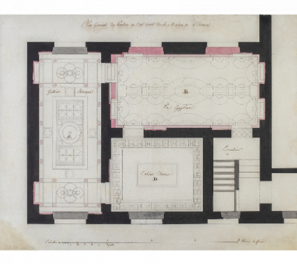 JEAN-DÉMOSTHÈNE DUGOURC (1749-1825) Proyecto de planta del piso superior de la Casa de Campo del Escorial del Príncipe Nuestro Señor 1786 Tinta y aguadas de colores sobre papel verjurado