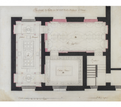 JEAN-DÉMOSTHÈNE DUGOURC (1749-1825) Proyecto de planta del piso superior de la Casa de Campo del Escorial del Príncipe Nuestro Señor 1786  Tinta y aguadas de colores sobre papel verjurado 