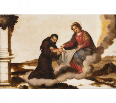 ESCUELA ITALIANA, H. 1610.  La Visión de Félix Cantalicio.   Óleo sobre mármol.