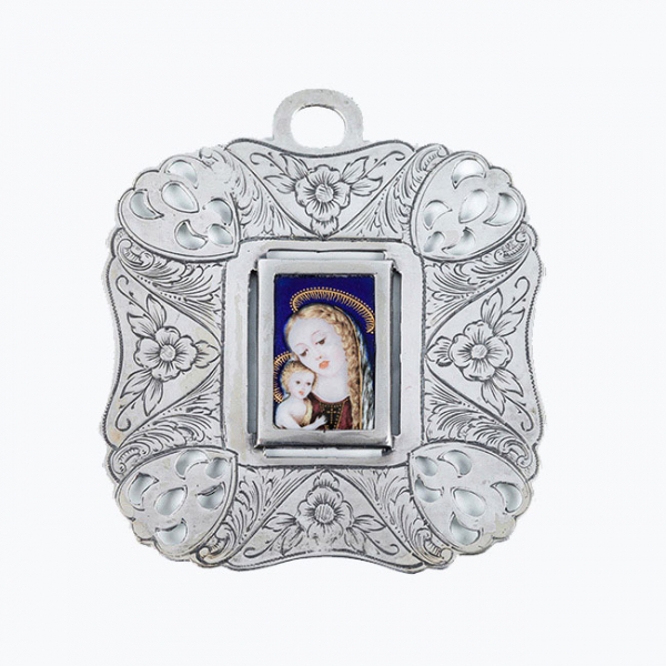 Placa colgante vintage en plata de ley contrastada 916/1000 con miniatura esmaltada de La Virgen y el Ni&ntilde;o 