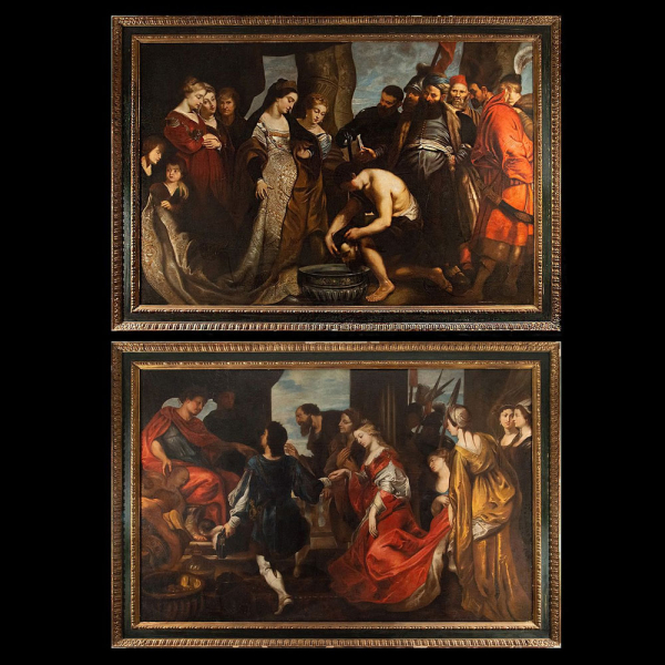TALLER FLAMENCO DE PETER PAUL RUBENS DEL SIGLO XVII. Monumental Pareja de Óleos "Reina Tomiris con la cabeza de Ciro" y "Escena Bíblica".