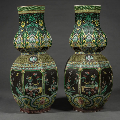 Pareja de jarrones en porcelana China familia verde. Trabajo Chino, Siglo XIX