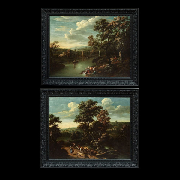 Jan Philip Spalthoff (Activo en Amberes entre 1700 y 1724) Pareja de Exquisitas Escenas Campestres Holandesas del siglo XVIII.
