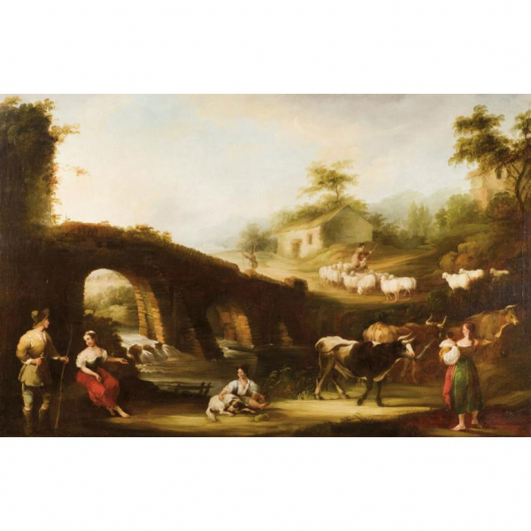 Andrés Cortés y Aguilar.   "Pastores junto al río". Óleo sobre lienzo.