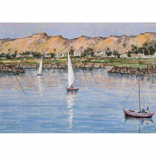 Mohammed Sabry. "Río Nilo". Pastel sobre papel. Firmado en el ángulo inferior izquierdo.