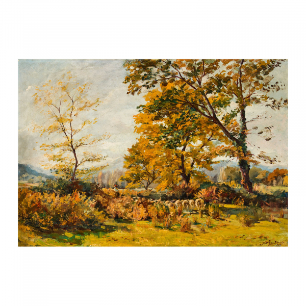 Joaquim Marsillach Codony (Olot, Girona, 1905-1986) Paisaje con ovejas. Óleo sobre tela. Firmado y fechado en 1935.