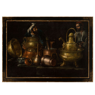 Los Vendedores de Cacharros, magnífico gran bodegón atribuído a Giovanni Battista Recco, escuela italiana del siglo XVII