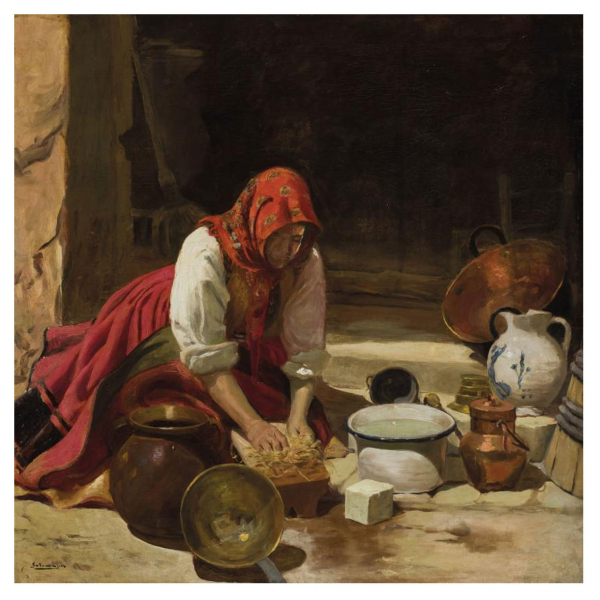 Fernando Álvarez de Sotomayor.   "Lanvandera gallega". Óleo sobre lienzo. Firmado
