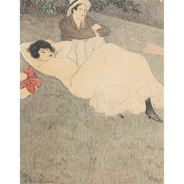 Joan Cardona Lladós (Barcelona, 1877-1934)  Descanso en el parque.  Dibujo. Firmado.