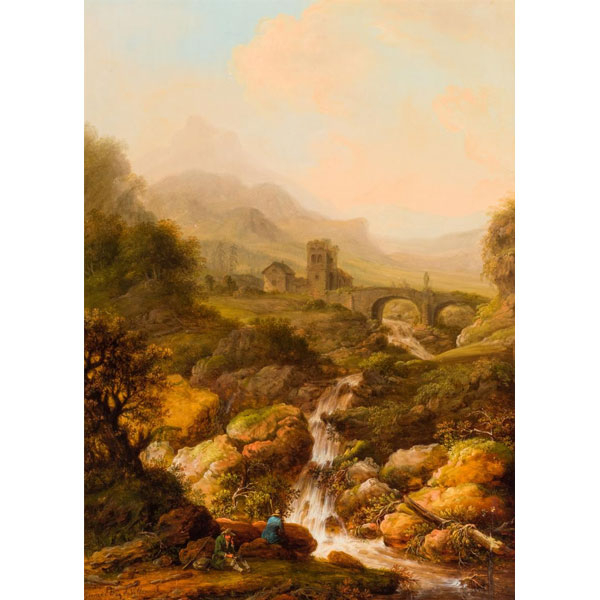 Genaro Pérez Villaamil (1807 - 1854).  "Dos paisajes con figuras". Dos óleos sobre lienzo.