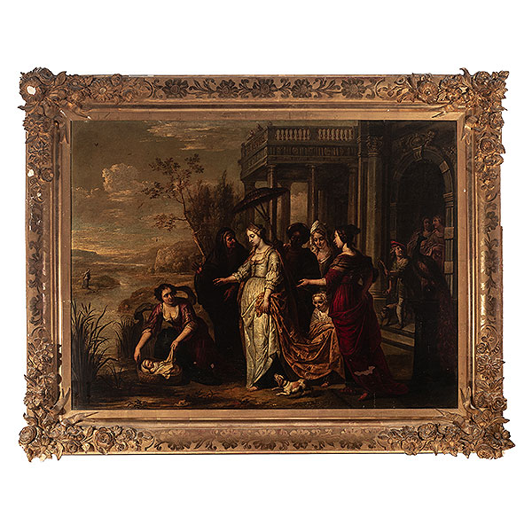 Abraham Willemsens (Amberes, 1614-1672)  Moisés salvado de las aguas.  Óleo sobre cobre. Firmado y fechado en 1667. 