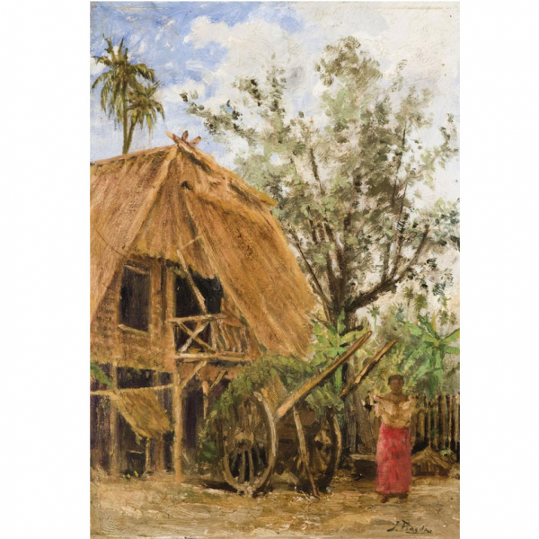 Jorge Pineda  (1879 - 1946).   "Escena campestre filipina". Óleo sobre tabla.