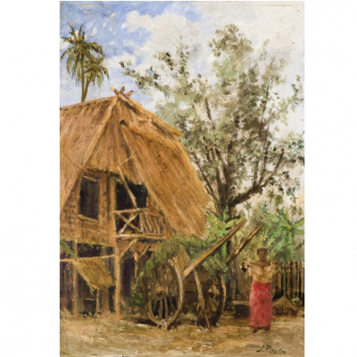 Jorge Pineda  (1879 - 1946).   &quot;Escena campestre filipina&quot;. Óleo sobre tabla.