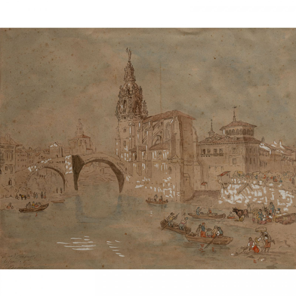 "Vista de la Iglesia de San Antón " C. 1840-85.   JENARO PÉREZ VILLAMIL (Ferrol, 1807-1854) Acuarela, aguada y gouache/papel