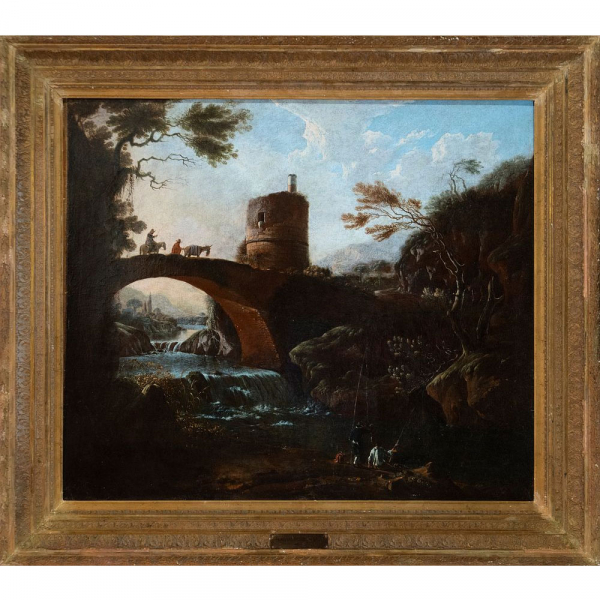 "Paisaje fluvial con puente y torre" Escuela italiana, Siglo XVIII.  Óleo sobre lienzo. 