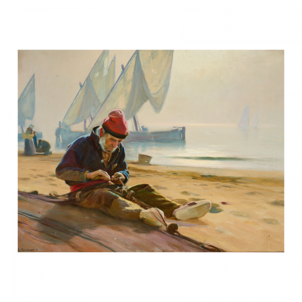 Dionís Baixeras Verdaguer (Barcelona, 1862-1943)  Pescador en la orilla.  Óleo sobre tela. Firmado. 