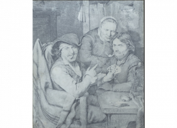 AERT COSYN (Rotterdam, c. 1631-1674).  Jugadores de naipes. 1665.   Lápiz y carboncillo sobre pergamino.