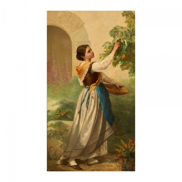 Josep Mirabent Gatell (Barcelona, 1831-1899) Joven recogiendo fruta. Óleo sobre tela. Firmado y fechado en 1875.