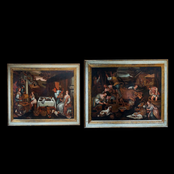 Seguidor de FRANCESCO BASSANO EL JOVEN (Bassano del Grappa, 1549 - Venecia, 1592) "Pareja de alegorías de Julio (Leo) y Septiembre (Libra)", siglo XVII 