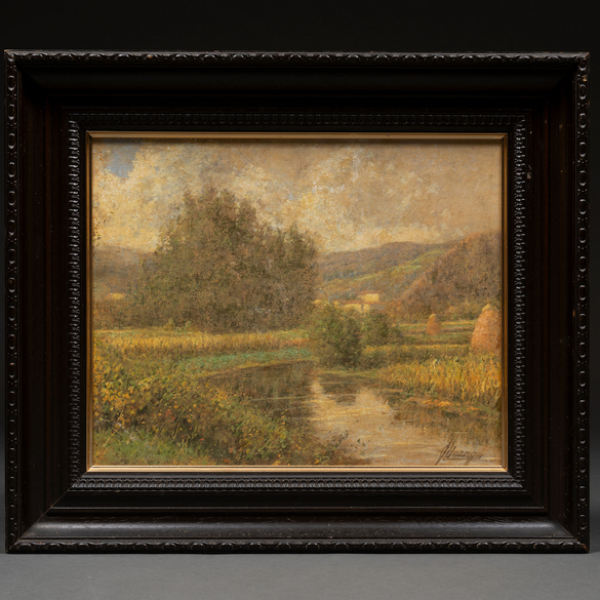 &quot;Paisaje con río y metas&quot; Escuela Vasca, Siglo XX