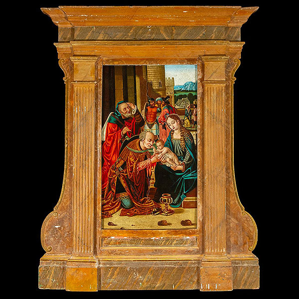 Según JOOS VAN CLEVE (Renania del Norte-Westfalia (Alemania), ca. 1485-Amberes, 1540/41) - La Adoración de los Reyes, siglo XIX.