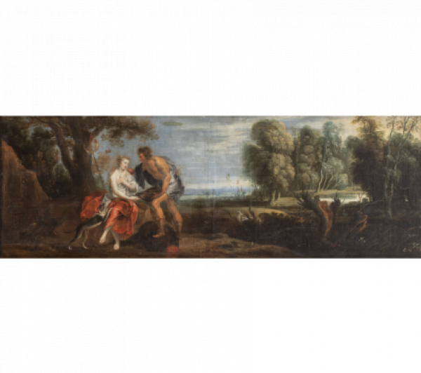 ESCUELA FLAMENCA, SIGLO XVII.  Meleandro presentando a su querida Atalanta la cabeza de jabalí de Caledonia.   Óleo sobre lienzo.