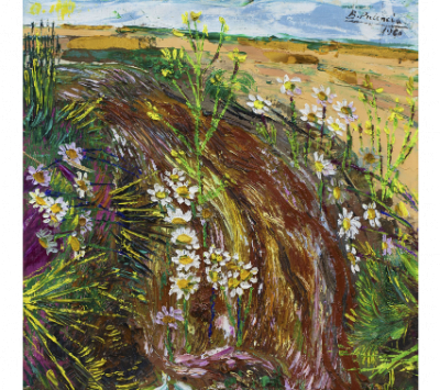 BENJAMÍN PALENCIA (Barrax, Albacete, 1894 - Madrid, 1980)  Paisaje con margaritas, 1960   Óleo sobre lienzo. 