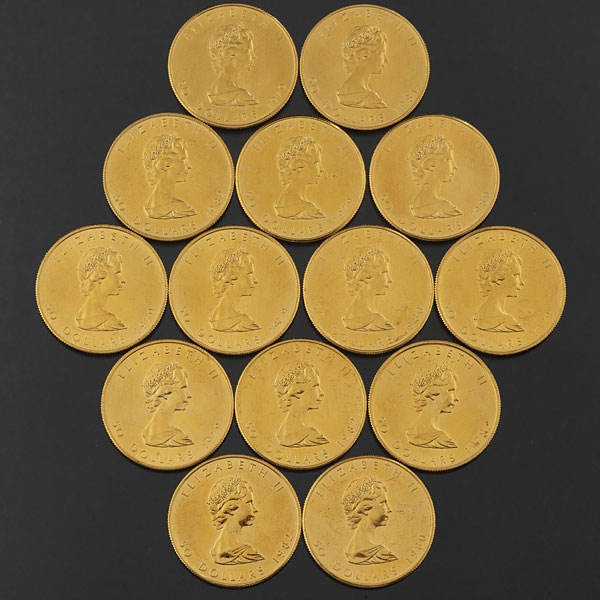 Conjunto de catorce monedas de 50 dolares de Canadá de Isabel II en oro amarillo de 999 milésimas