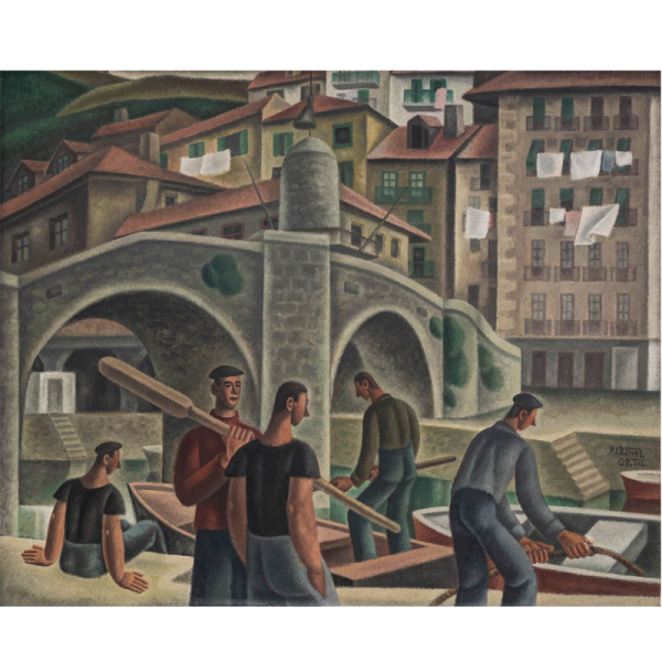 "Pescadores en Ondarroa" NICOL&Aacute;S MART&Iacute;NEZ ORTIZ DE Z&Aacute;RATE (Bilbao, 1907 - 1987) &Oacute;leo/Lienzo. 