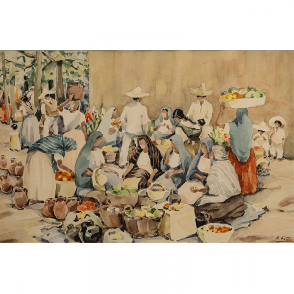 "Escena de Mercado"  AURELIO ARTETA (Bilbao, 1879- México, 1940)  Acuarela/papel