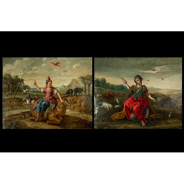 Escuela Colonial del siglo XVII - Pareja de alegorías de Asia y de la Astrología.