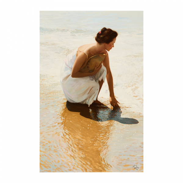 Lluís Ribas Castellsagué (El Masnou, Barcelona, 1949) Joven en la orilla. Óleo sobre tela.