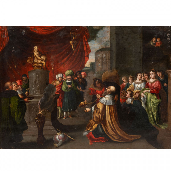 "La idolatría del Rey Salomón"  HYERONIMUS FRANCKEN III (1611-1661)   Óleo/Cobre