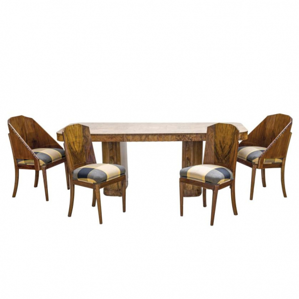 Exquisito conjunto de comedor Art Decó de época posiblemente de nogal. Posiblemente Francia, C. 1925