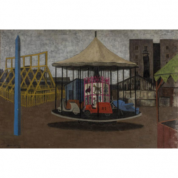  Elena Santonja (1932 - 2016) &quot;Tiovivo&quot;. Óleo sobre lienzo. Firmado y fechado (50) en el ángulo inferior izquierdo.