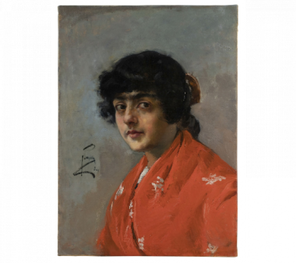 JOAQUÍN SOROLLA Y BASTIDA (Valencia, 1863 - Madrid, 1923). Cabeza de gitana con mantón rojo. Óleo sobre lienzo.