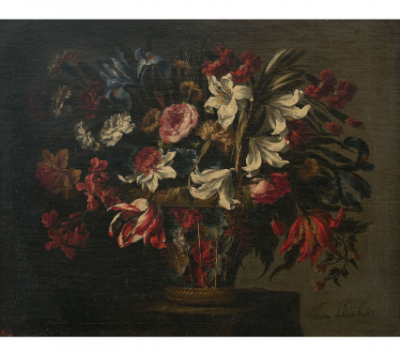 JUAN DE ARELLANO (Santorcaz, Madrid, 1614-1676).  Cesta de flores sobre un pedestal de piedra, c. 1665-1670.   Óleo sobre lienzo.