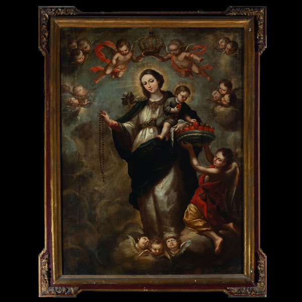 Excepcional Virgen del Rosario, a la manera de Juan de Espinal, escuela sevillana del siglo XVIII.