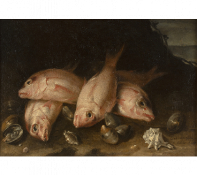 PEDRO DE MEDINA (Sevilla?, ca. 1620- Sevilla, 1691)  Peces y conchas sobre un paisaje 
