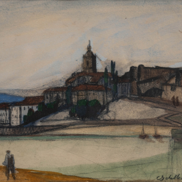 "Mariscadores en el r&iacute;o Bidasoa frente a Fuenterrab&iacute;a"  GUSTAVO DE MAEZTU (Vitoria, 1887- Estella, 1947)   Acuarela y Ceras/papel