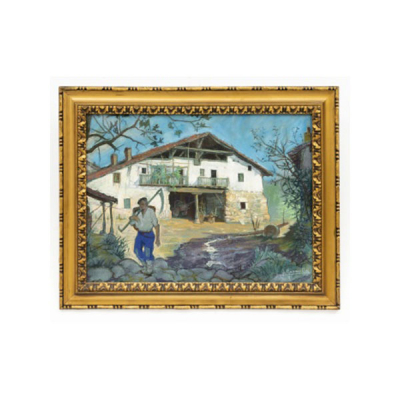 ÁNGEL GARAVILLA ACHABAL   (Lequeitio 1906 - Barcelona 1961)  &quot;Aldeano en el caserío&quot;  Firmado: A. Garavilla  Gouache / Cartón 